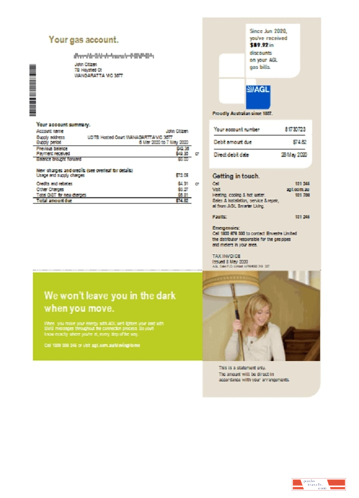 Australia AGL gas utility bill template in Word and PDF format